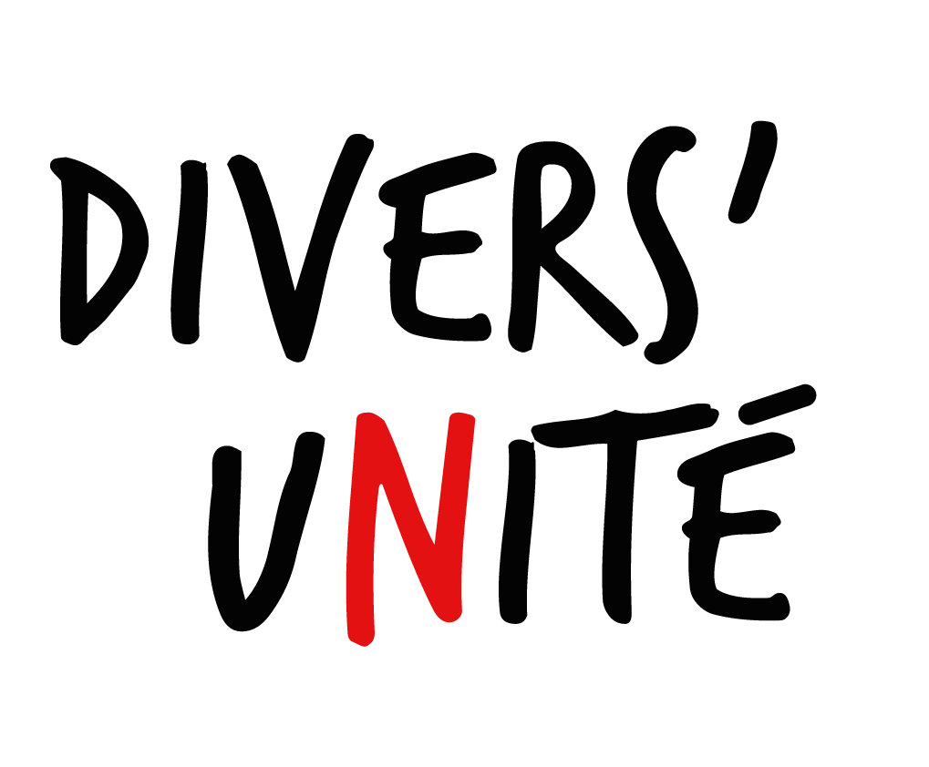 Divers' Unité logo. A black typeface with a hand-drawn appearance, the N is capitalized and the only letter in red.
